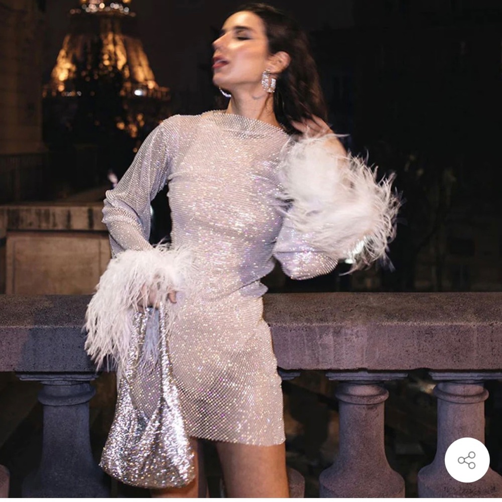 White sheer mini dress with feather sleeves